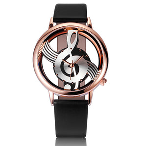 Unique Woman Quartz Analog Hollow Musical Note Style leather