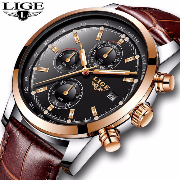 2018 LIGE Mens Watches Top Brand Luxury Leather Quartz Watch Men  Relogio Masculino