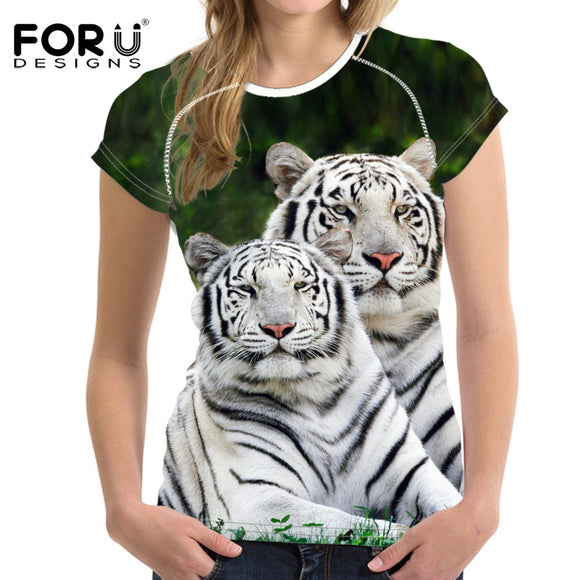 FORUDESIGNS 3D White Tiger Women T Shirt Crop Top For Woman T-shirt 2018 Summer